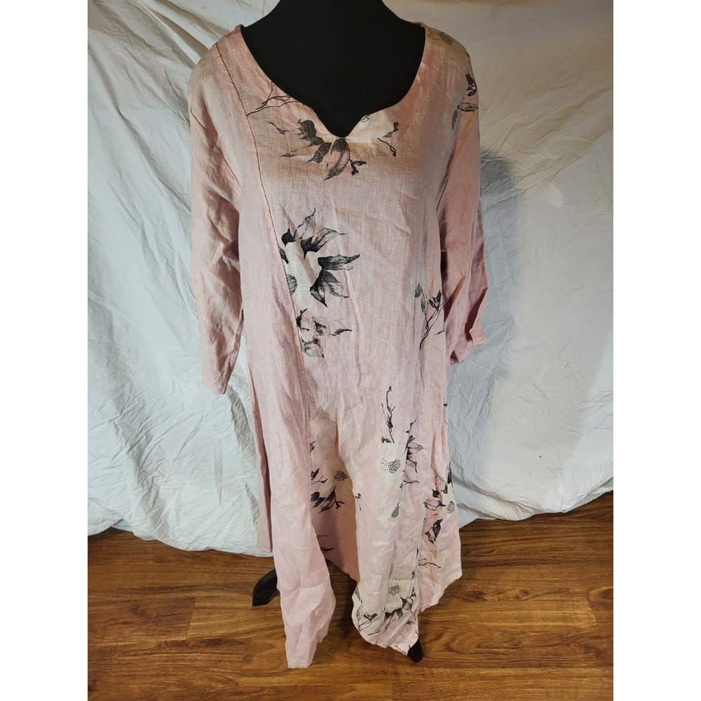 Lin Blanc Pink Floral Linen Roll Cuff Midi Dress Size‎ M